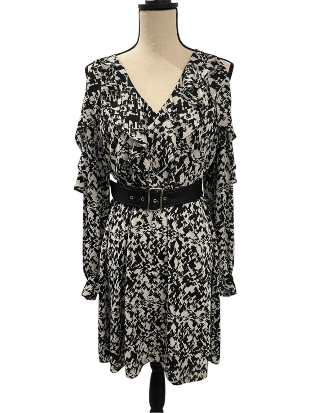 DKNY Black & White Abstract Cold-Shoulder Long Sleeve Dress